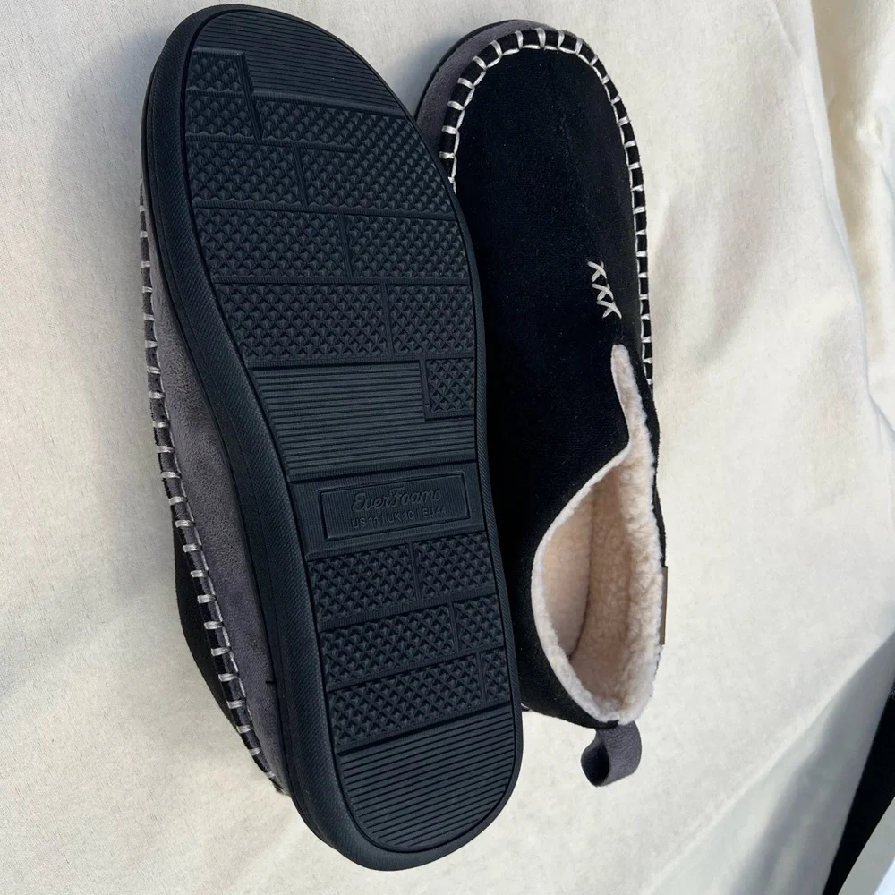 Men's Black Cozy Slip-On Moccasin Slippers with Sherpa Lining